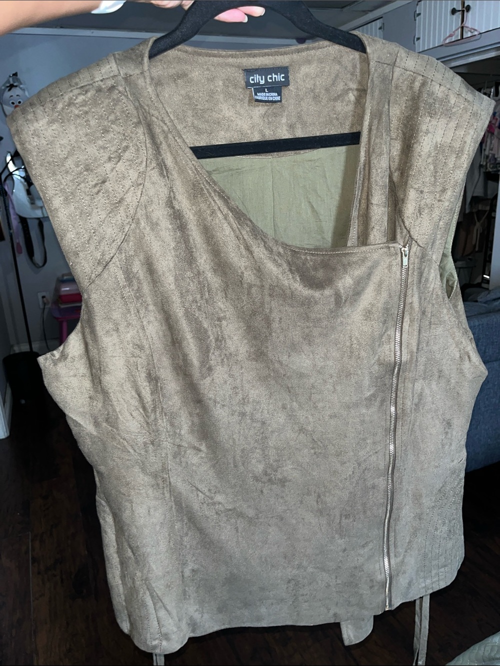 City Chic Faux Suede Moto Vest Top- Zip Front